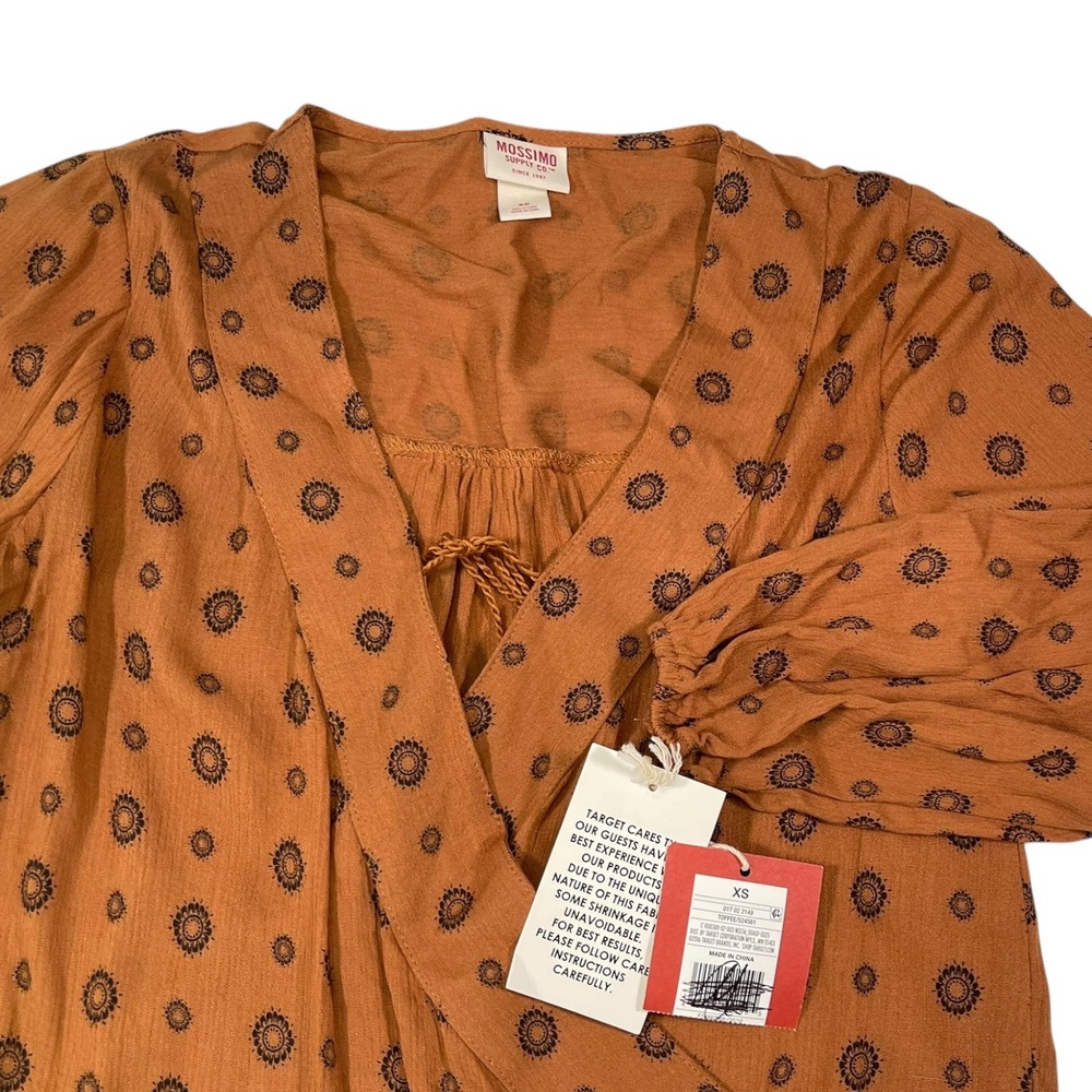NEW Mossimo XS Orange Surplice Wrap Top Medallion Print Long Sleeve Boho Peasant